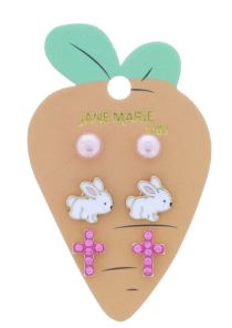 3 Stud Set - Pink Pearl, White Bunny and Pink Cross Girl Earrings Jane Marie