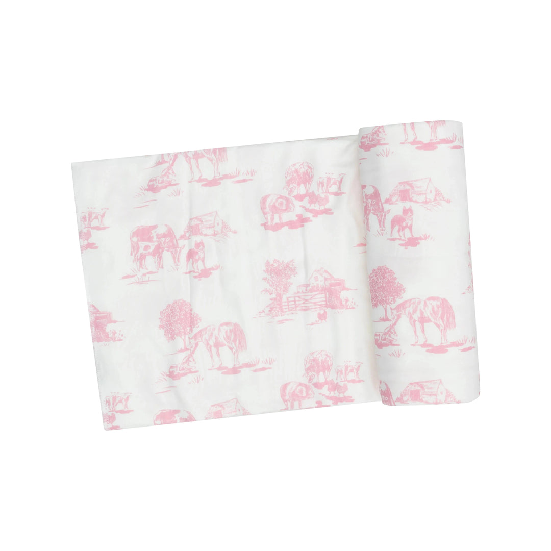 Bamboo Swaddle - Farm Toile Pink Baby Blanket Angel Dear