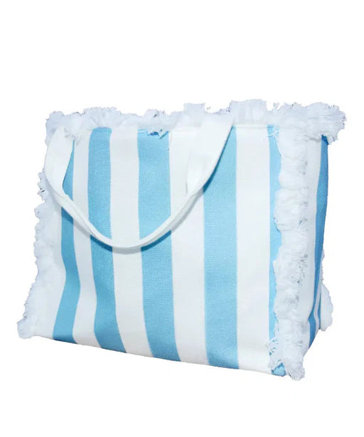 Linen Fringe Tote Bag - Blue and White Stripe Tote Bag Toss Design 