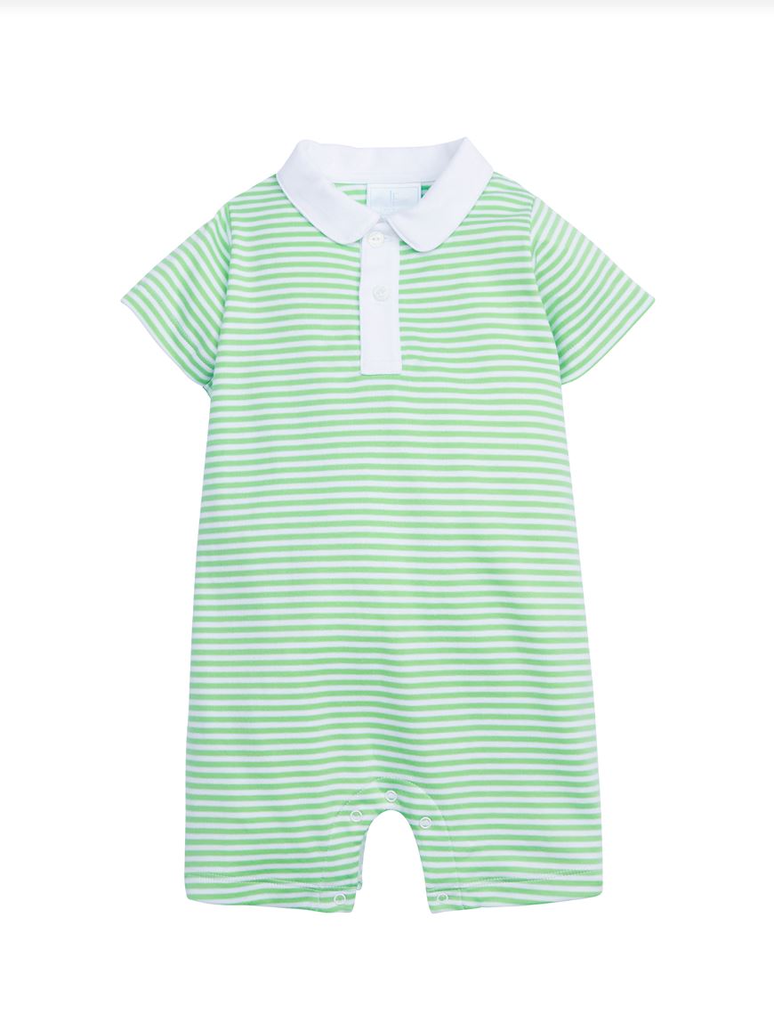 Peter Pan Polo Romper - Green Stripe Boy Bubble Little English