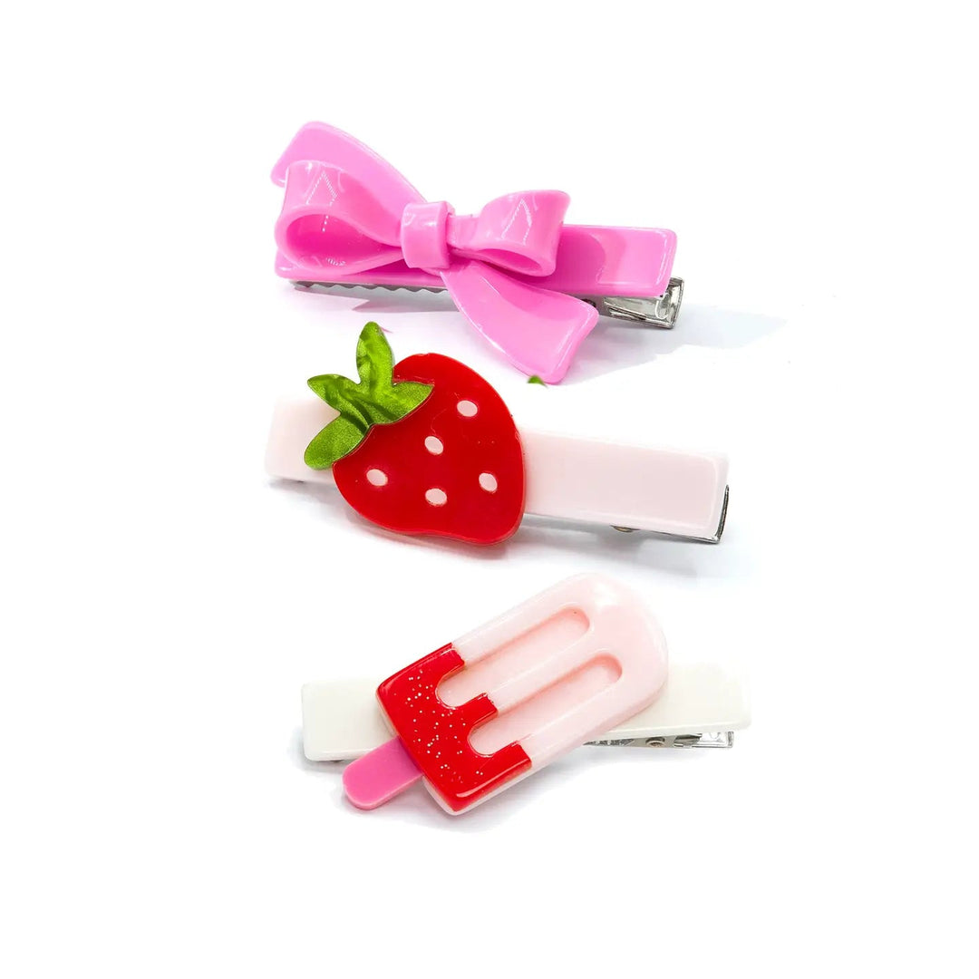 Popsicle Strawberry Pink Bow Hair Clips Combo Girl Hair Accessory Lillies and Roses
