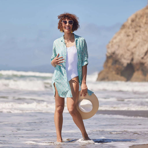 Sardina Ocean Button Down Beach Tunic Womens Cover Up Rock Flower Paper 