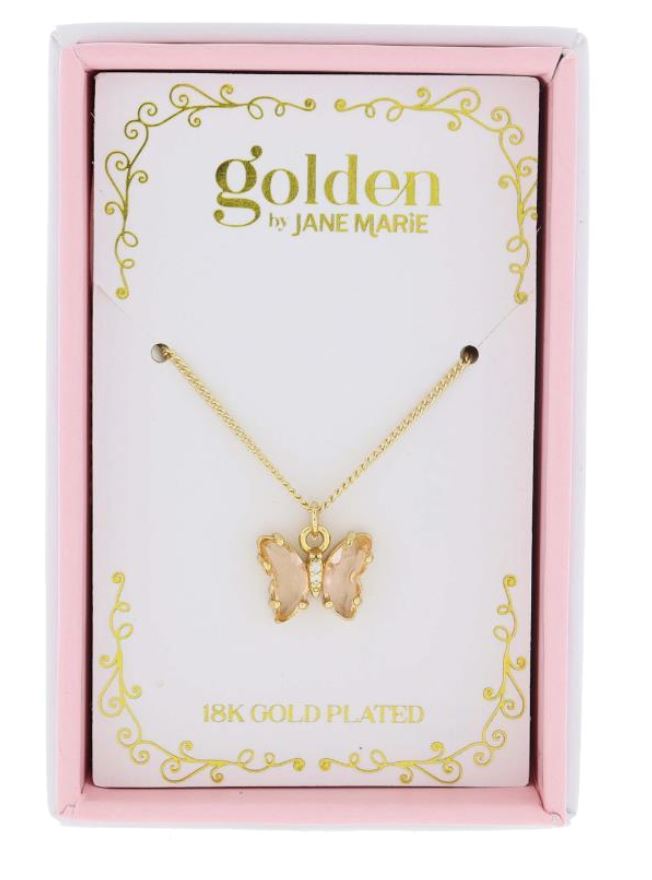 Sweetheart Kids 18K Gold Plated Peachy Champagne and Mini Clear Crystal Butterfly Necklace Girl Necklace Jane Marie