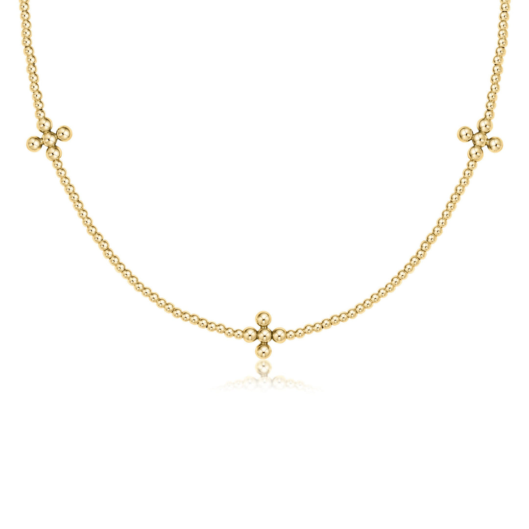 15" Choker Signature Cross Gold Pattern 2mm Bead - Classic Beaded Signature Cross Gold - 3mm Bead Gold Necklace eNewton