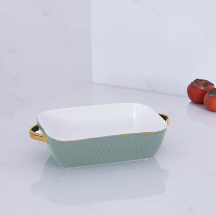 Rectangular Ceramic Baker with Gold Handles - Sage Small Serving Piece Beatriz Ball