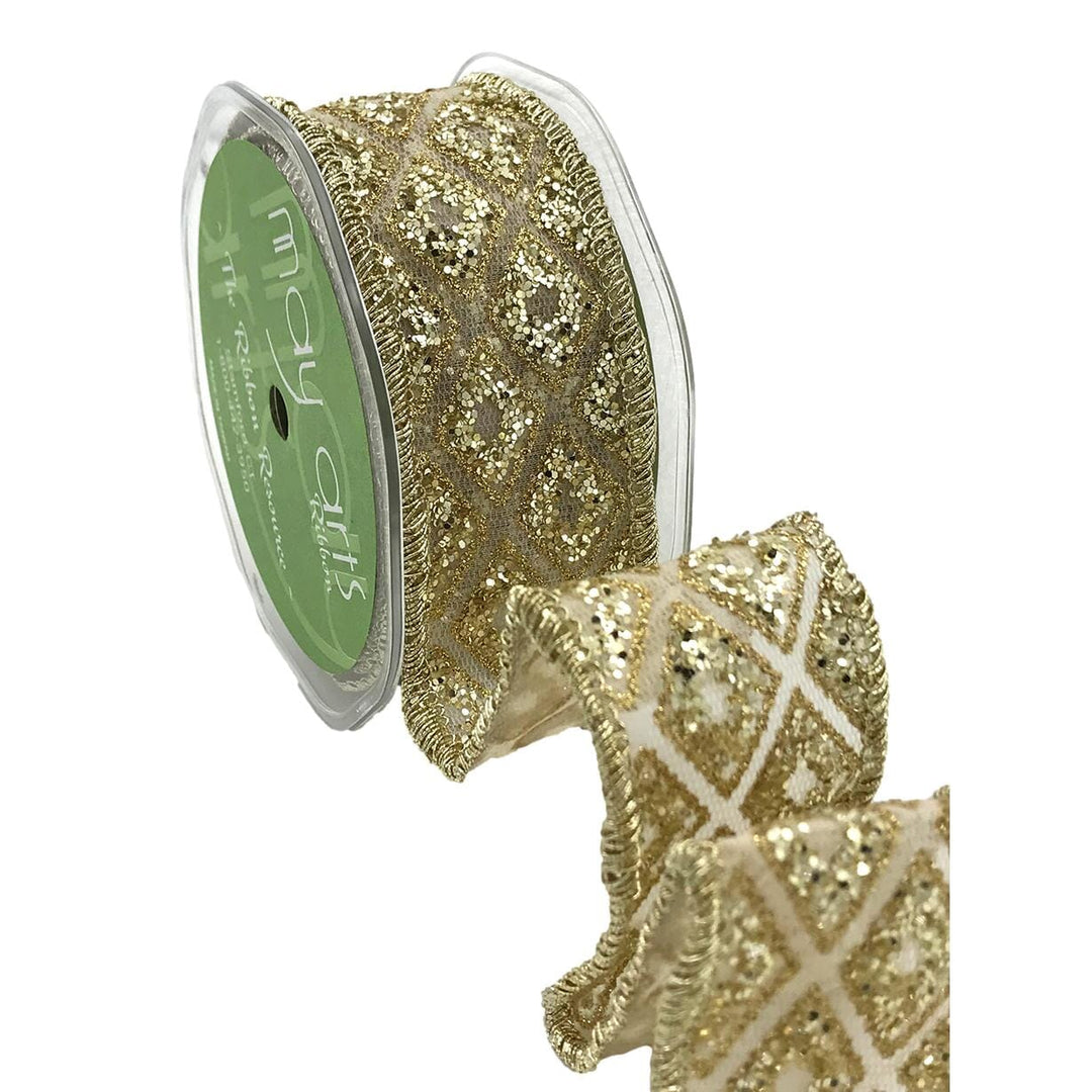 1.5 Inch Tulle Metallic Glitter Diamond Pattern Ribbon with Wired Edge Gift Ribbon David Christopher 