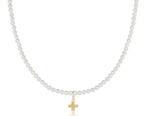 17" Choker Classic Pearl 3mm Bead - Signature Cross Gold Charm Womens Necklace ENewton 
