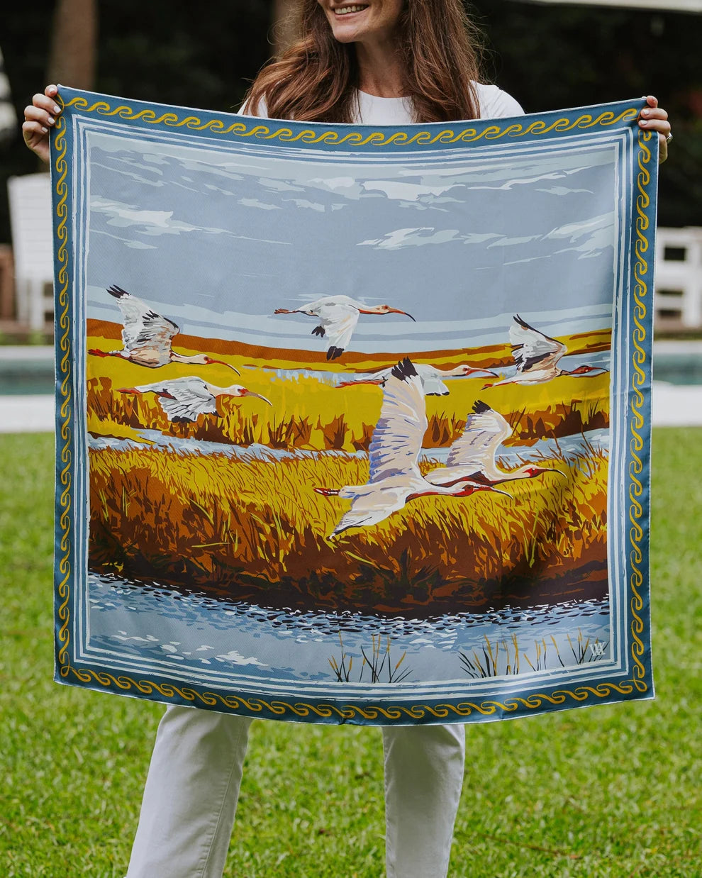 Double Sided Silk Scarves - Gold and Blue Marsh Flyer