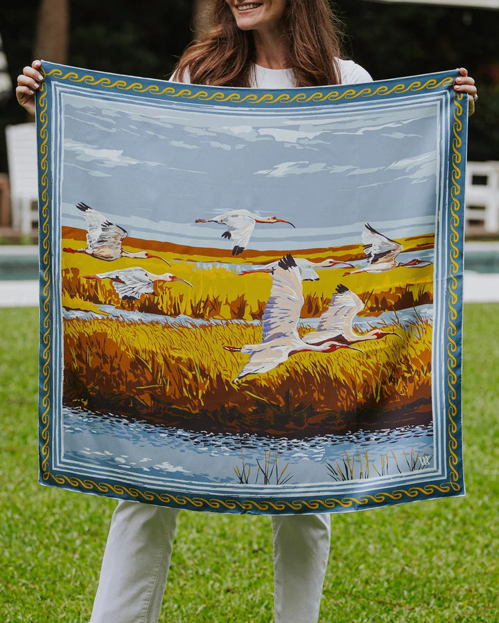 Double Sided Silk Scarves - Gold and Blue Marsh Flyer