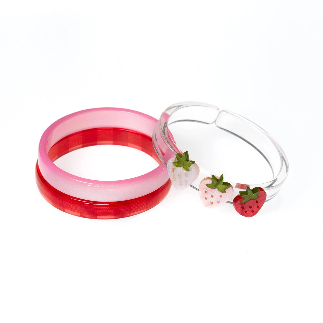 3 Strawberry Pink Shades Checkered Bangles Girl Bracelet Lilies and Roses 