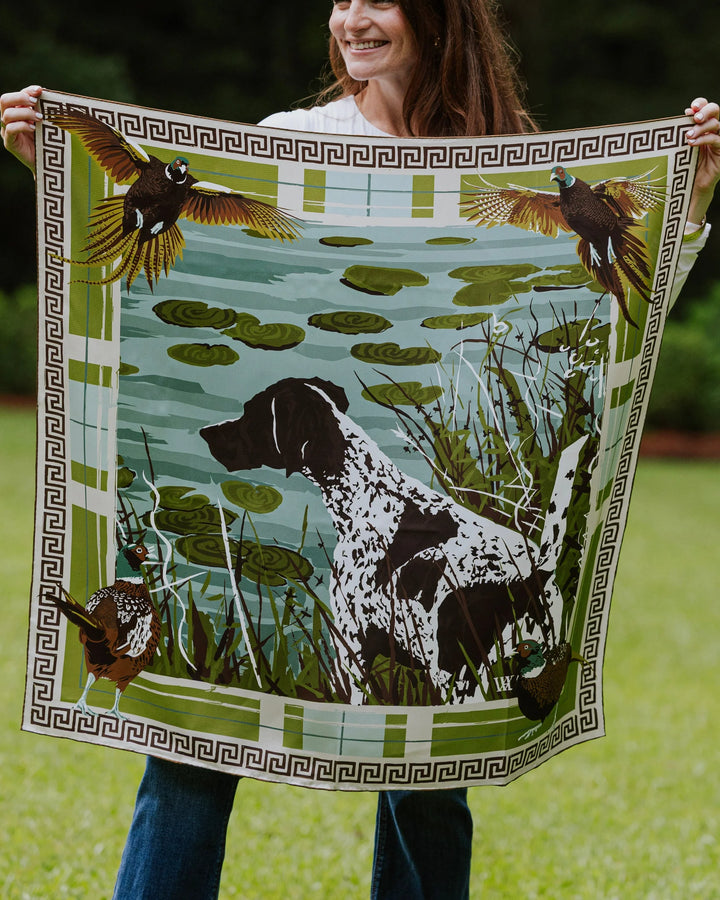 Double Sided Silk Scarves - Olive Pheasant Watch - 25x25