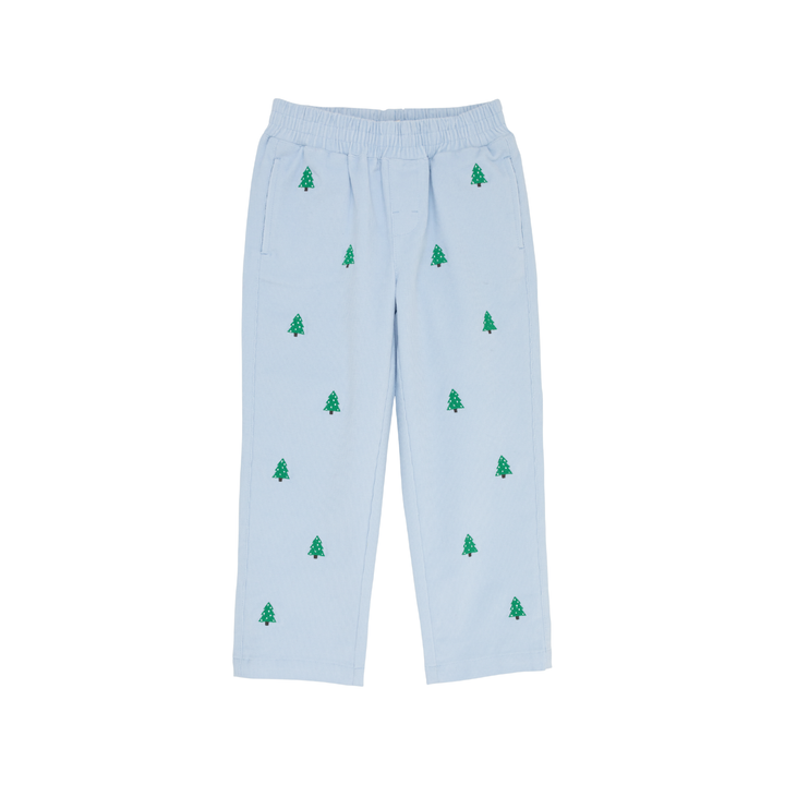 Light blue cropped pants with an elastic waistband and small green embroidered pine tree motifs scattered across the front, shown against a plain white background.