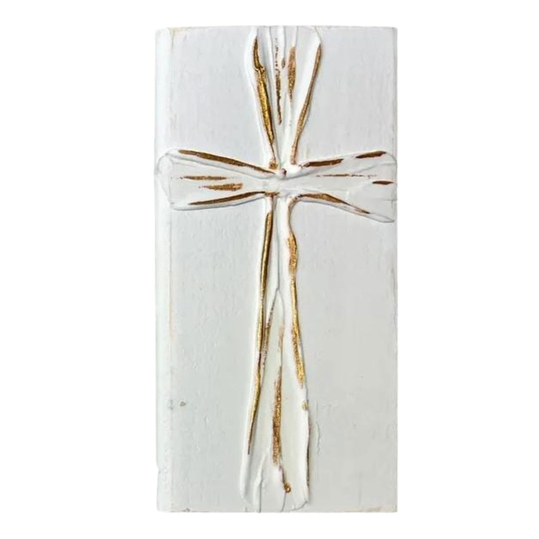 4x7 White and Gold Cross Blocks Inspirational Decor Ten Twenty Six Design White 