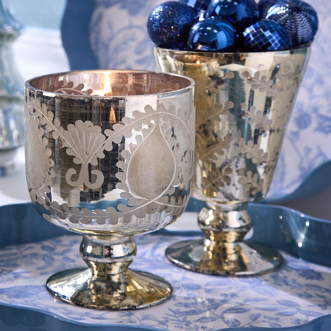 Hand-Etched Glass Antiqued Mercury Cachepot