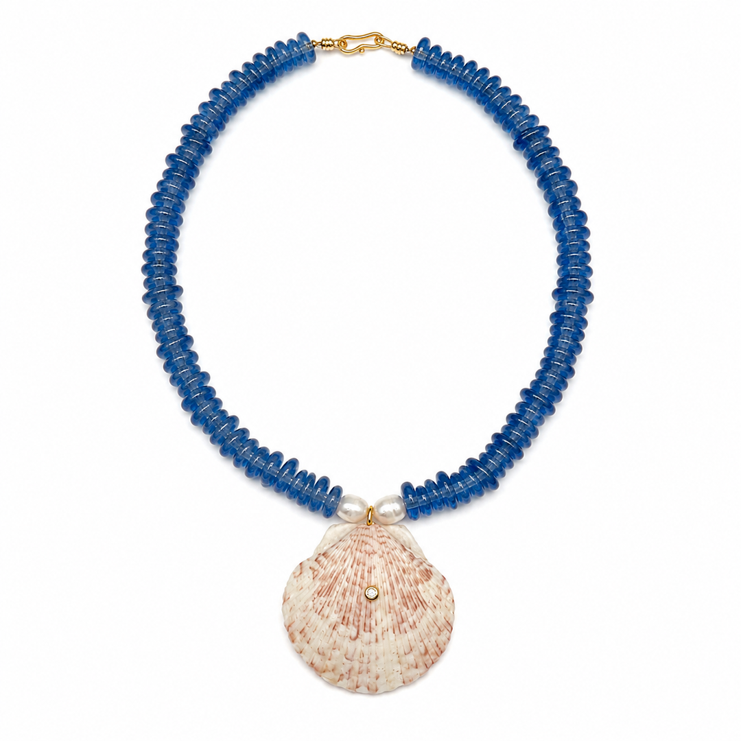 Blue Glass Beads with Gemstone Shell Necklace