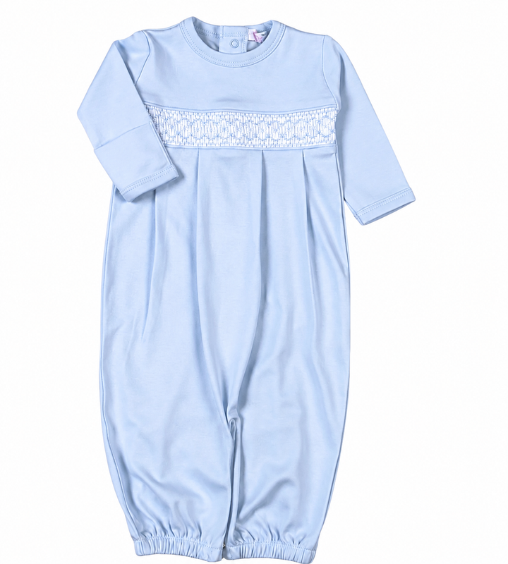 Blue Pima Hand Smocked Converter Gown