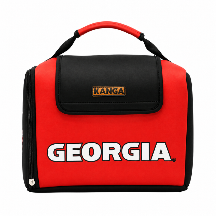 A red and black soft-sided bag with a top handle, featuring a black front flap with a gold KANGA logo patch and large white GEORGIA text across the front, shown on a white background.