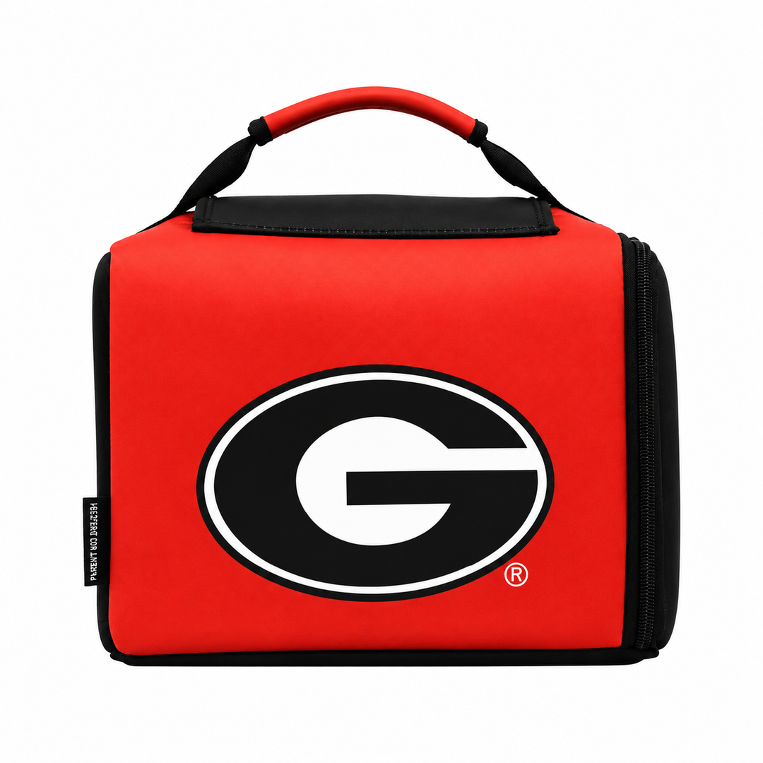 A red and black insulated lunch bag featuring the Georgia Bulldogs logo on the front, with a top carry handle and black zipper closure, shown on a plain white background.