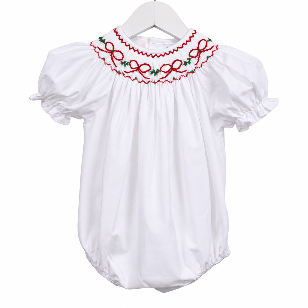 Red Bows & Garland White Smocked Bubble
