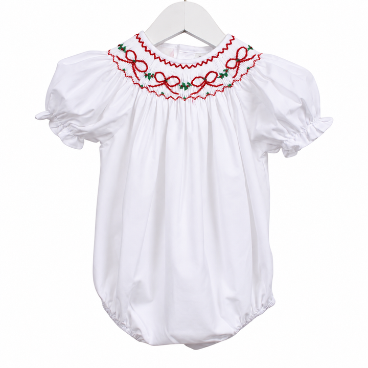 Red Bows & Garland White Smocked Bubble