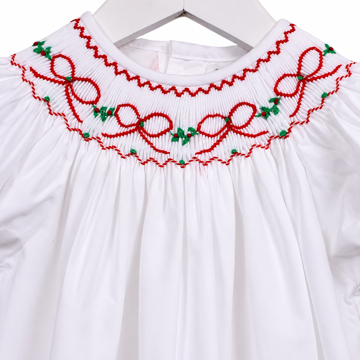 Red Bows & Garland White Smocked Bubble
