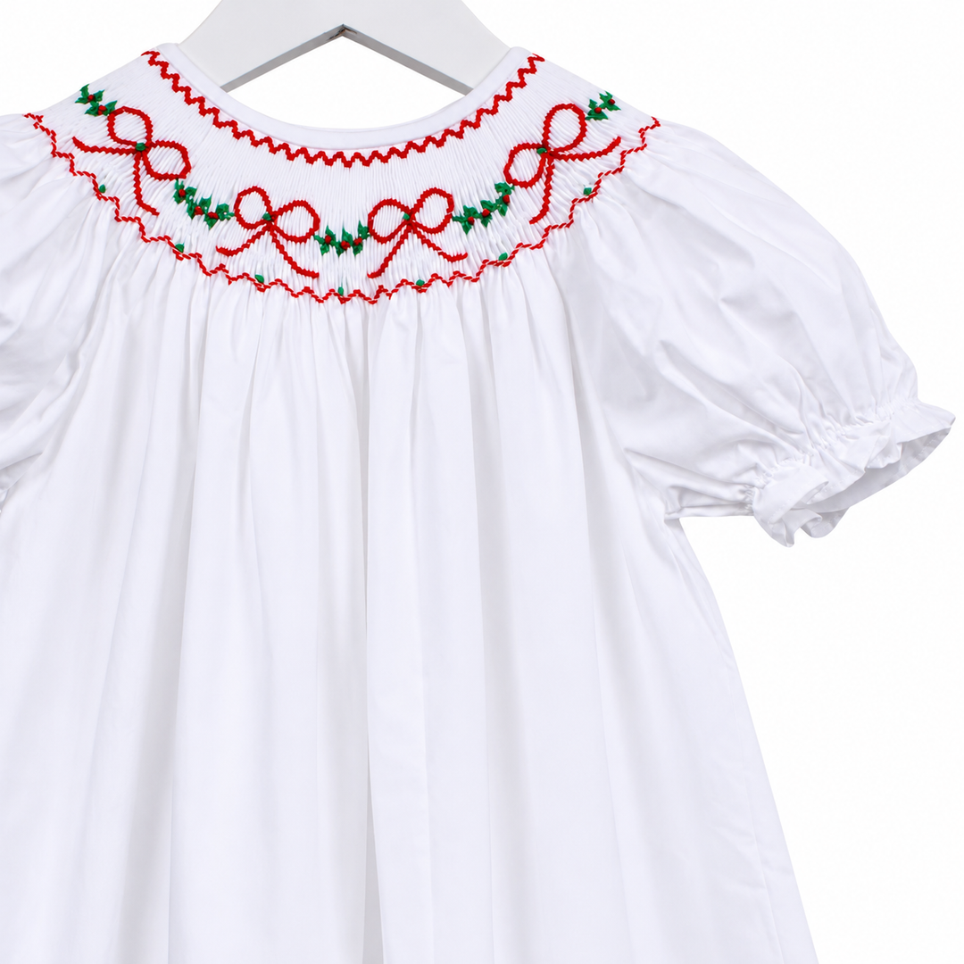 Red Bows & Garland White Smocked Dress