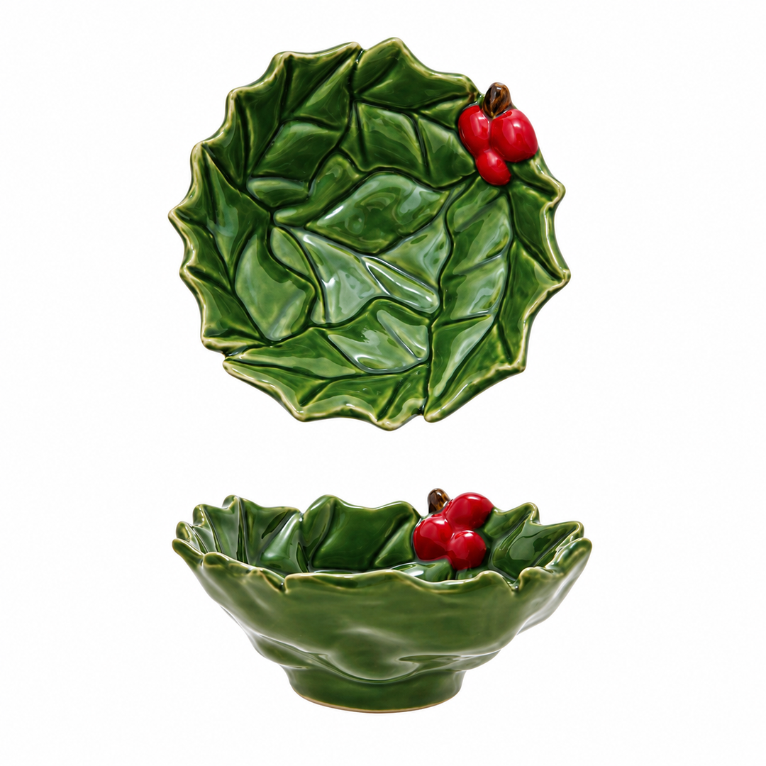 Holly Leaves Shaped Bowl with Berries - Green & Red