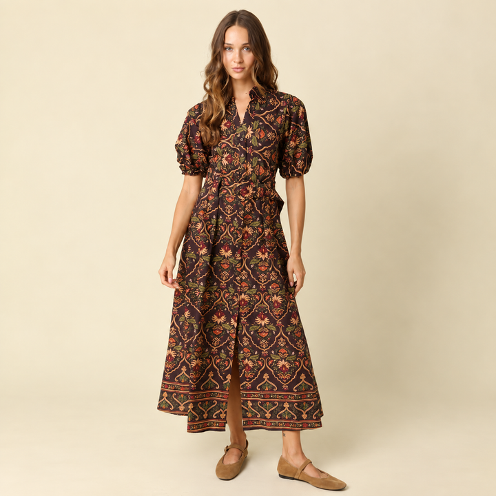 Lucy Paisley Puff Sleeve Midi Dress