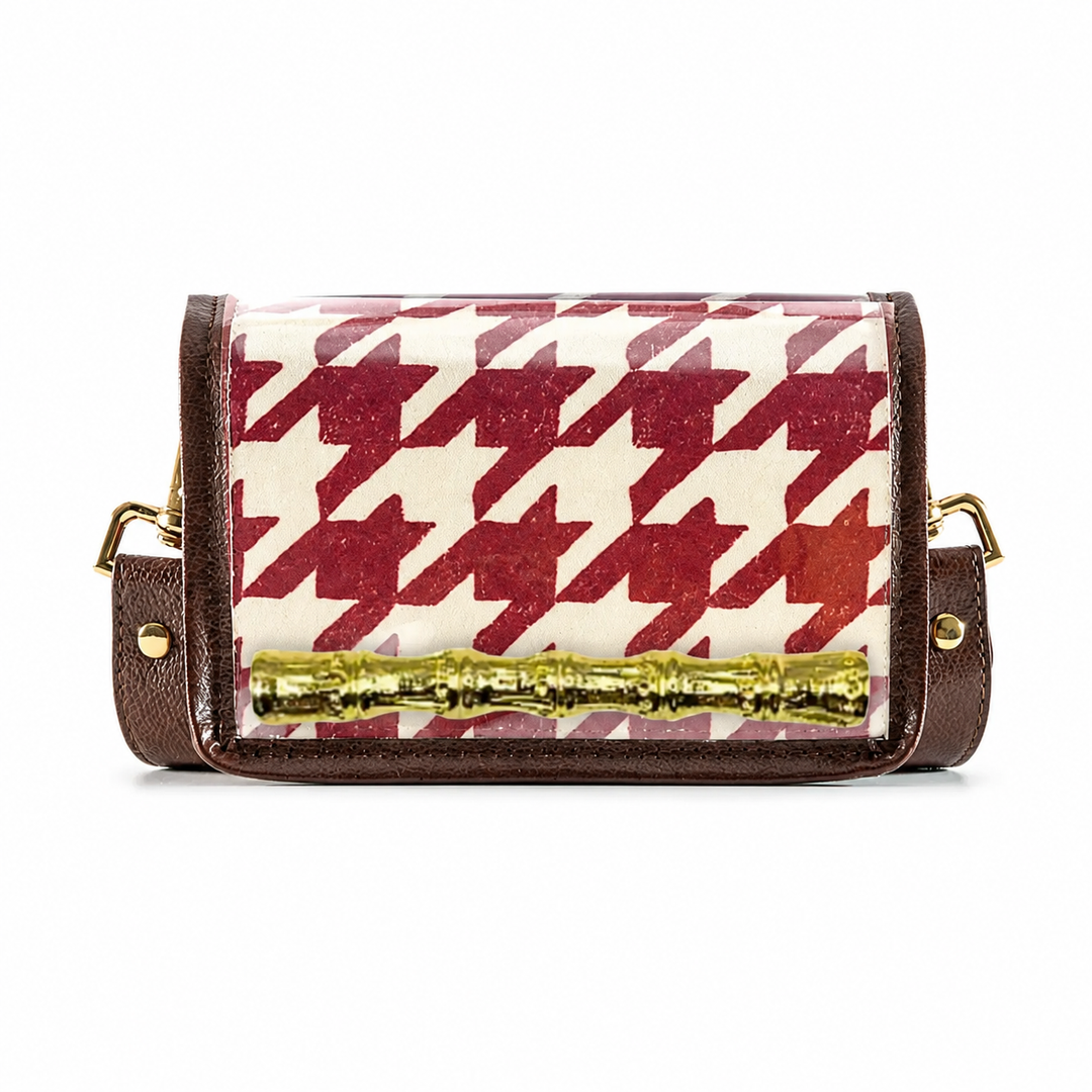 Petite Stadium Bag - Maroon Houndstooth with Gold Bamboo