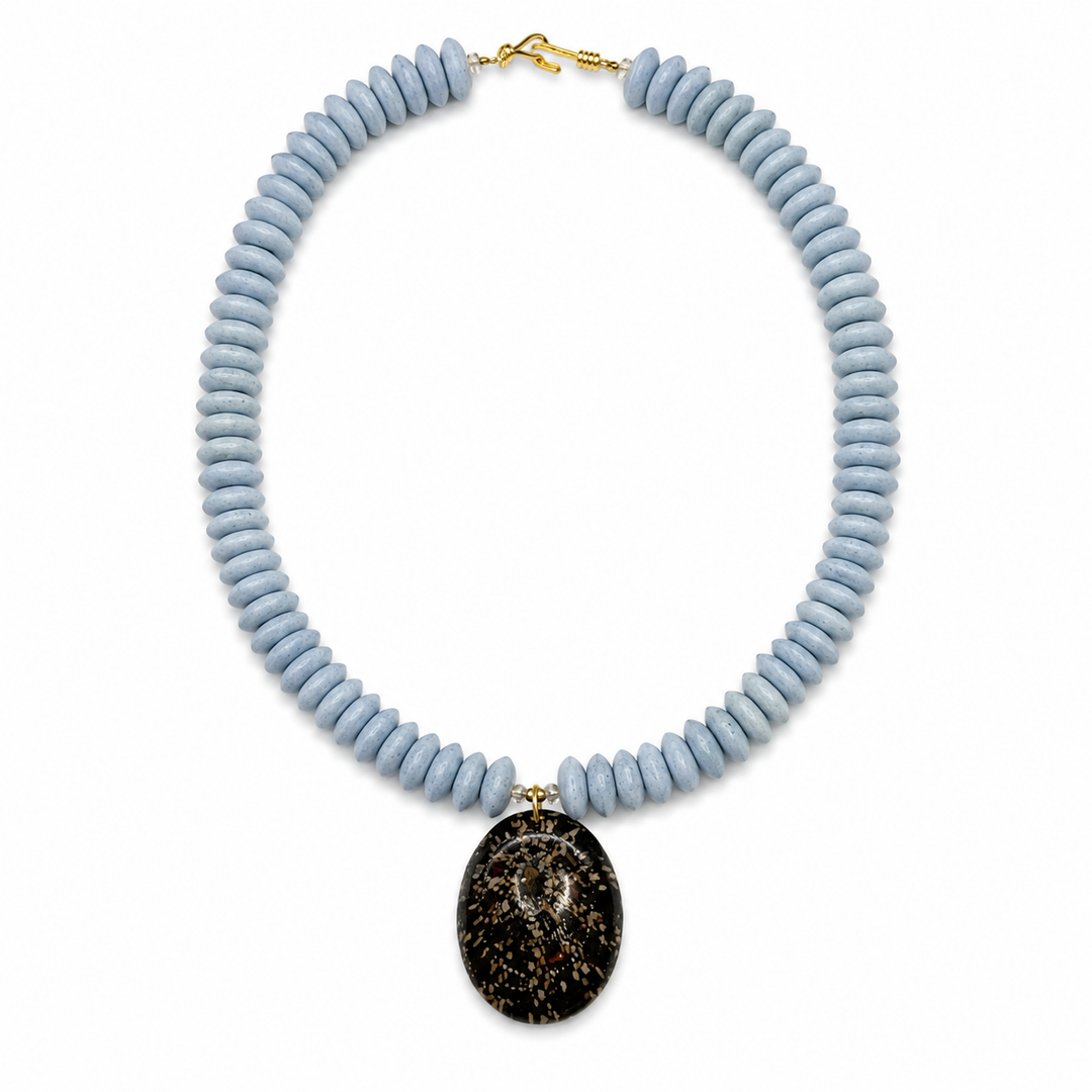 Light Blue African Beads with Limpet Shell Necklace