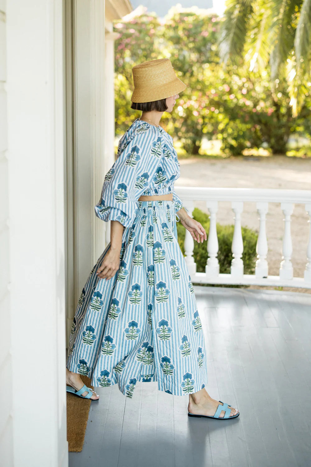Newport Blue Stripe Skirt - Blue Green Flower
