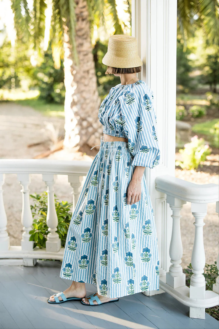Newport Blue Stripe Skirt - Blue Green Flower