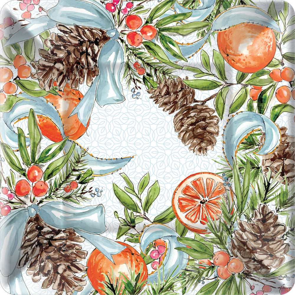 Square Dinner Plate - Pinecones And Ribbons