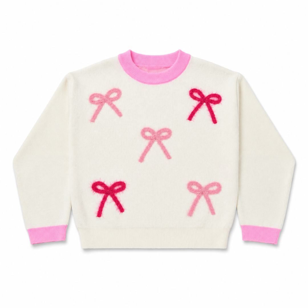 Cream Sweater with Embellished Bows - Pinks