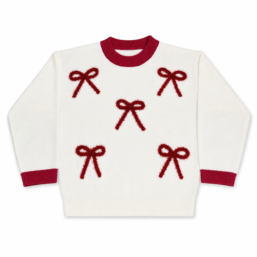 Cream Sweater with Embellished Bows - Red