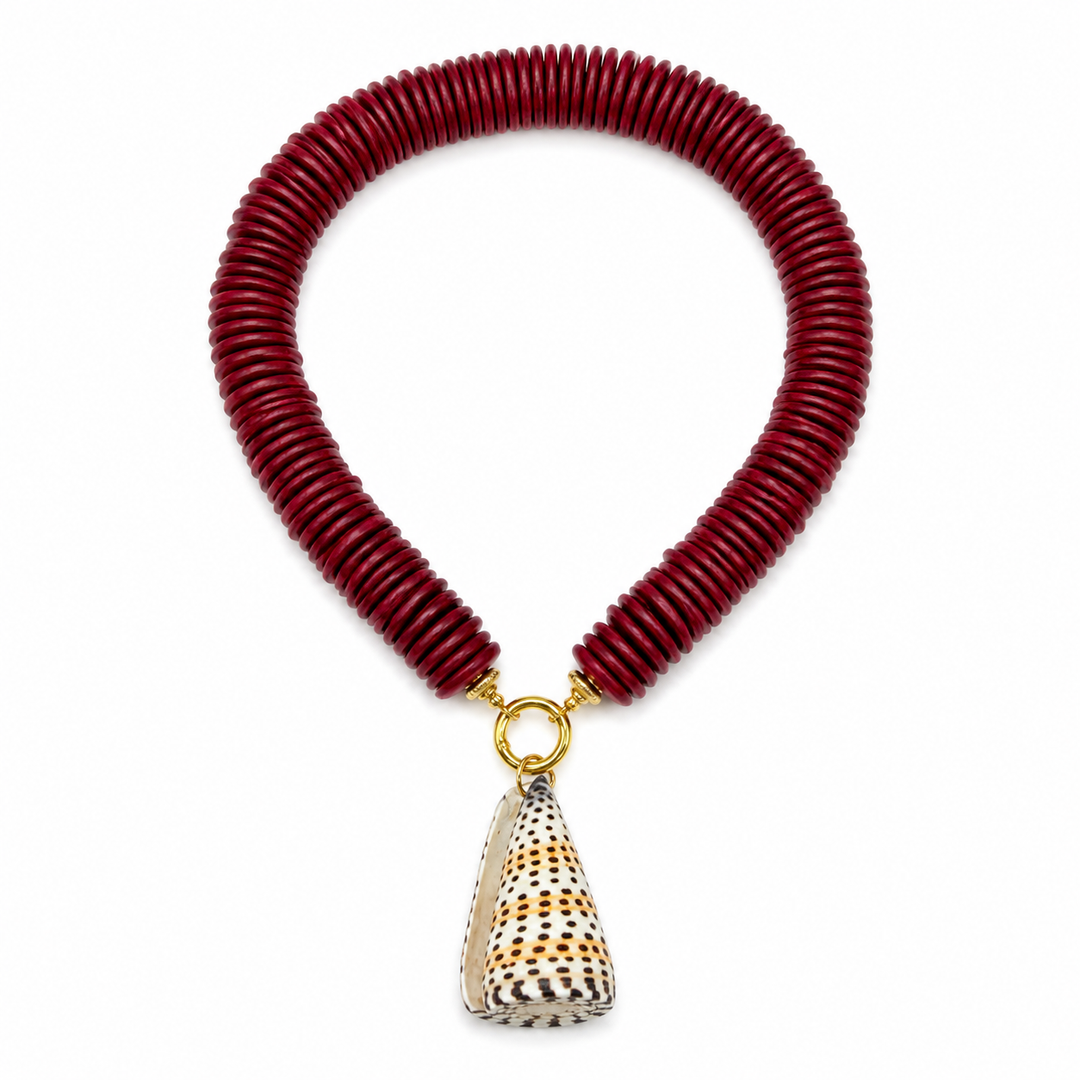 Red Coconut Disc with Leopard Shell Necklace
