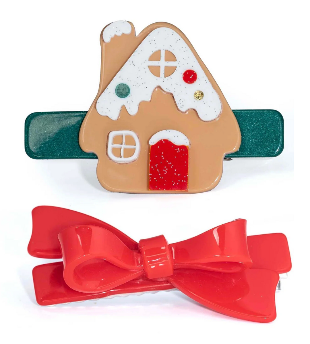 Gingerbread House and Red Bow Hair Clips