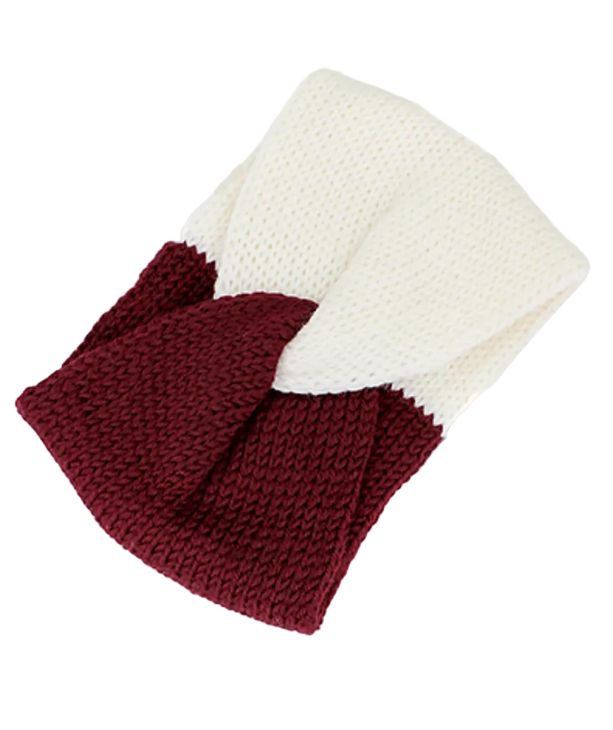 A chunky knit infinity scarf in a color-blocked design of deep burgundy and cream, displayed on a clean white background.