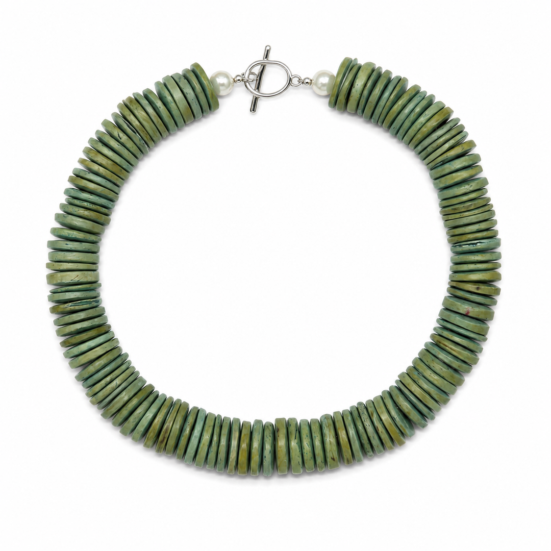 Seafoam Disc Beads with Pearl Ends Necklace