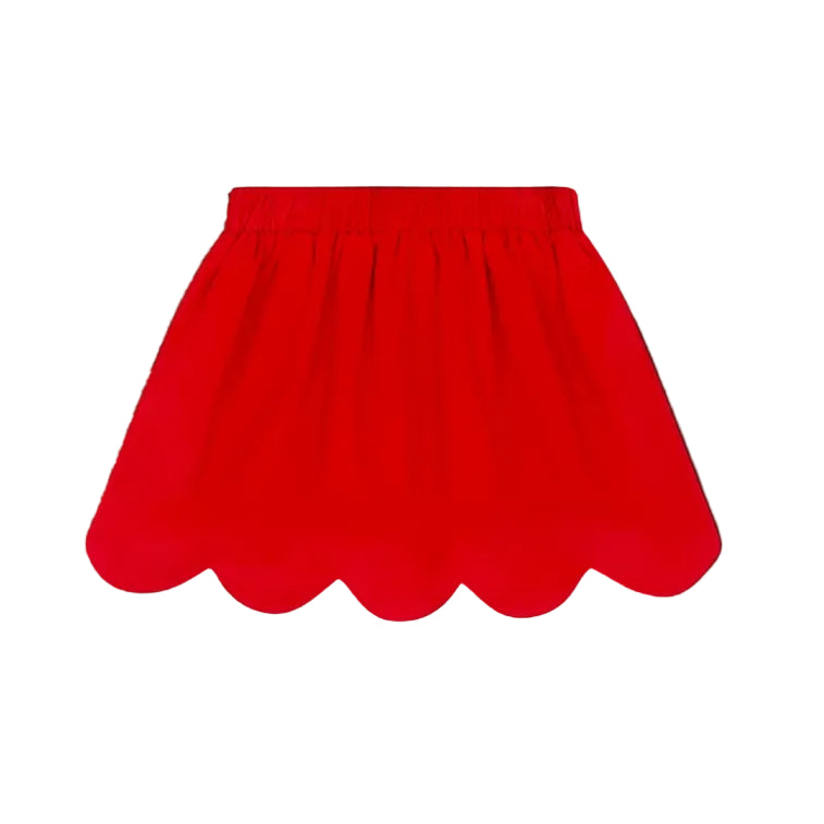A bright red mini skirt with a scalloped hem and an elastic waistband, shown flat against a white background.