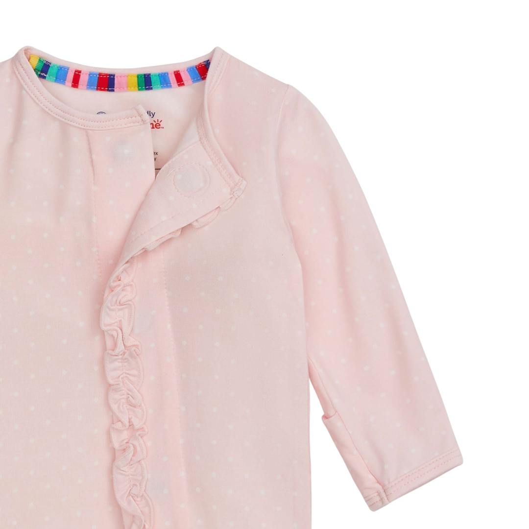 Pin Dot Pink Ruffle Placket Footie
