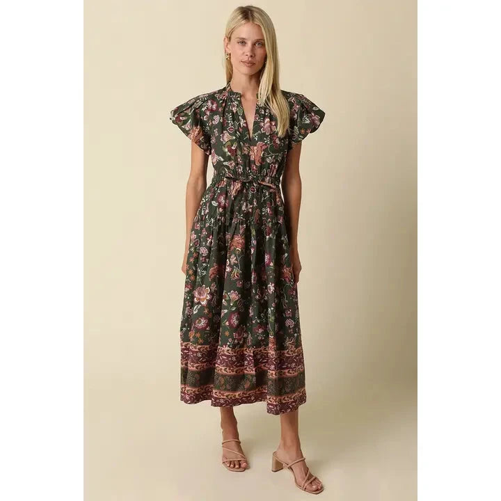Alana Bubble Sleeve Floral Midi Dress Womens Dress Olivaceous 