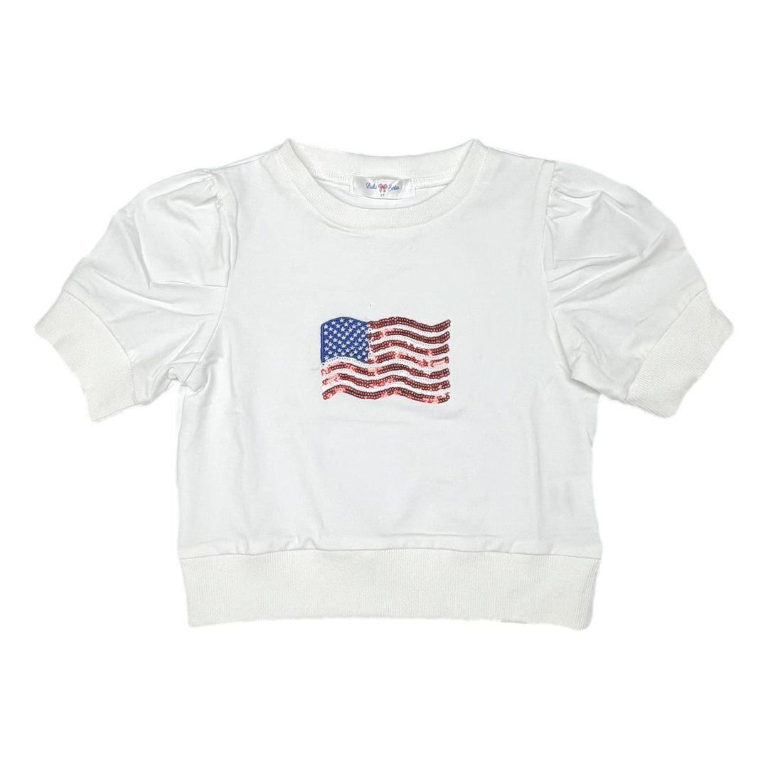 American Flag Sequin Puff Sleeve Shirt Girl Shirt Lulu Bebe 