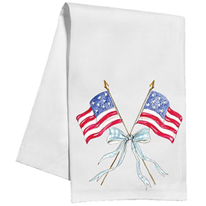 American Flags w/ Blue Gingham Bow Kitchen Towel Kitchen Towel Rosanne Beck 