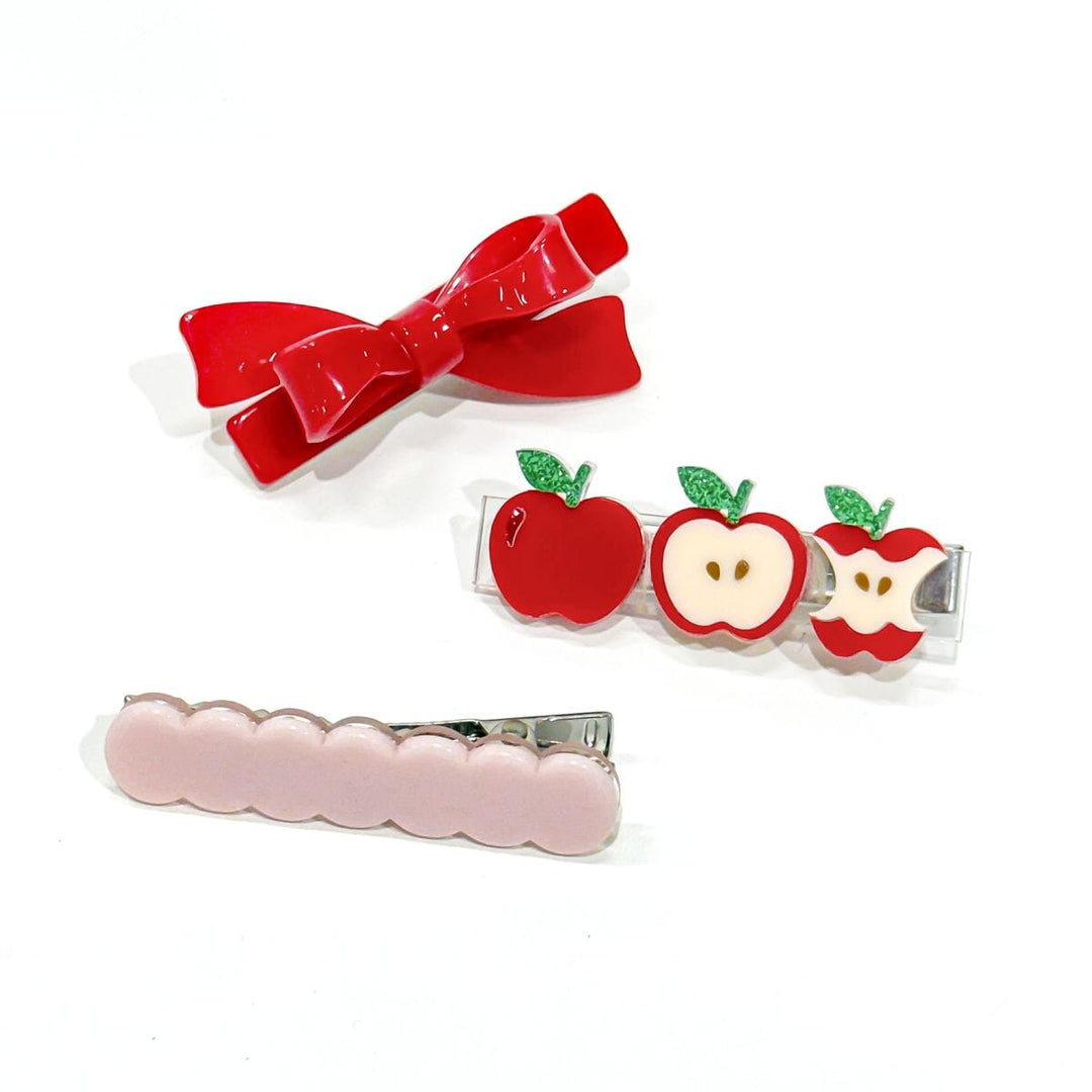 Apple Bite Red Bow Trio Alligator Clips Girl Hair Accessory Lilies and Roses 