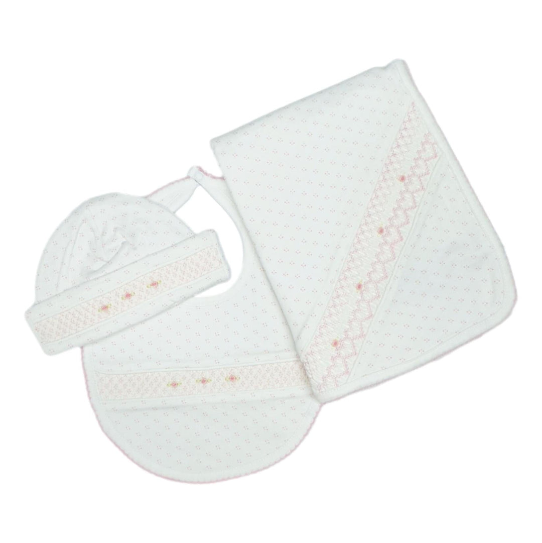 Baby Bundle - Blanket, Bib and Cap Set - Smocked Pink Dots Baby Blanket Baby Loren 