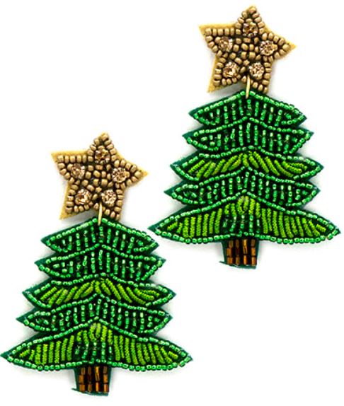 Beaded Christmas Tree Earrings Womens Earrings Golden Stella Green 