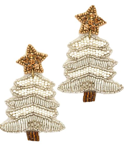 Beaded Christmas Tree Earrings Womens Earrings Golden Stella White 