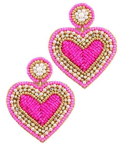 Beaded Heart Drop Earrings Earrings Golden Stella Bright Pink 
