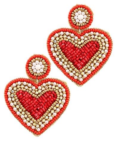 Beaded Heart Drop Earrings Earrings Golden Stella Red 